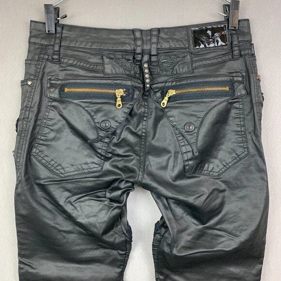 Robins Jean Mens Pants 33x30 Black Zippers Moto Slim Faux Leather L-Flap Biker - Picture 9 of 16
